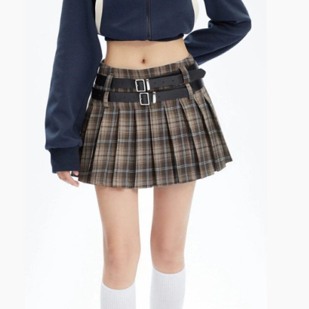 Thorn & Fable Brown Low Rice Plaid Pleated Double-Belted Mini Skirt Size Large